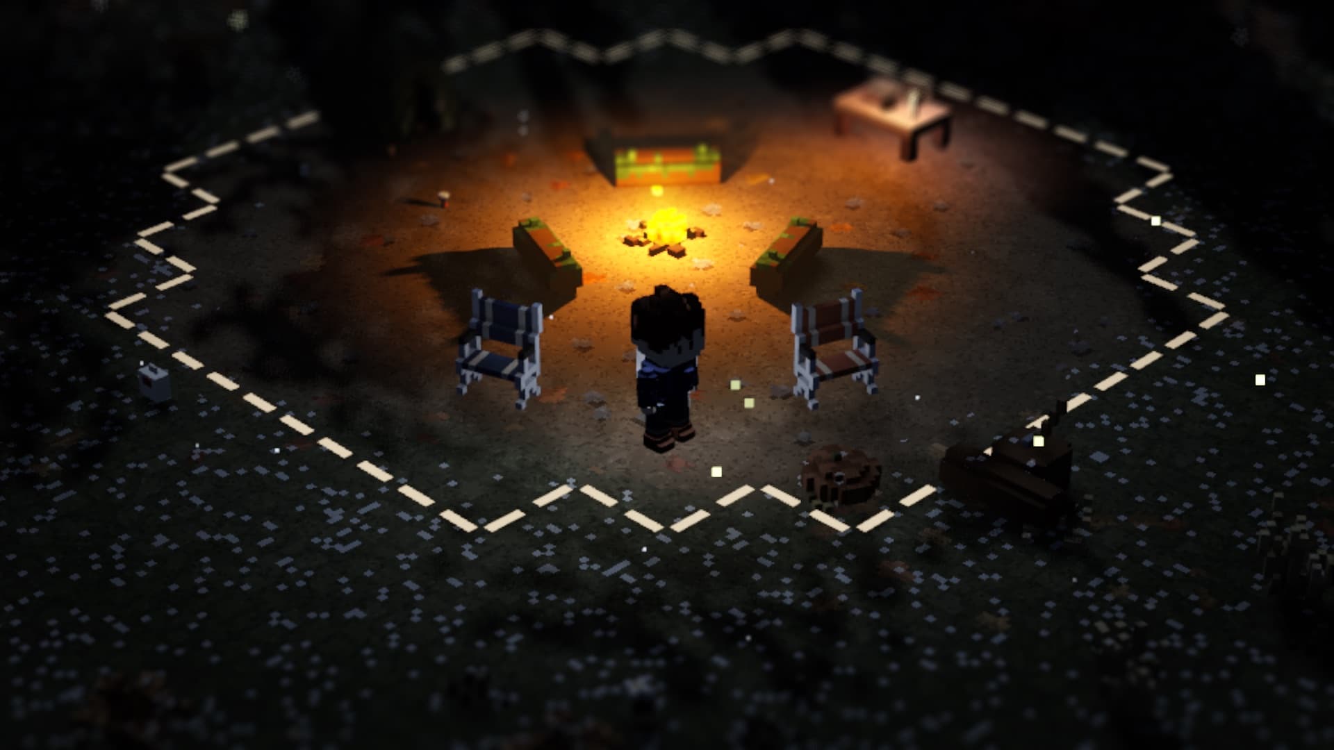 The camp at night from above, the wanderer by the fire inside the circle of light